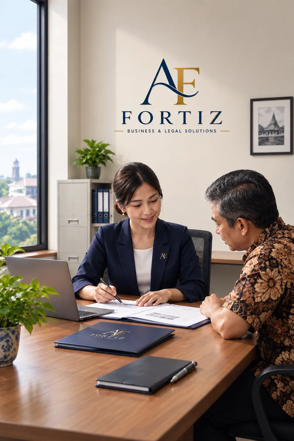Staff FORTIZ berdialog tenang dengan pemilik usaha lokal di ruang konsultasi, membahas dokumen bisnis