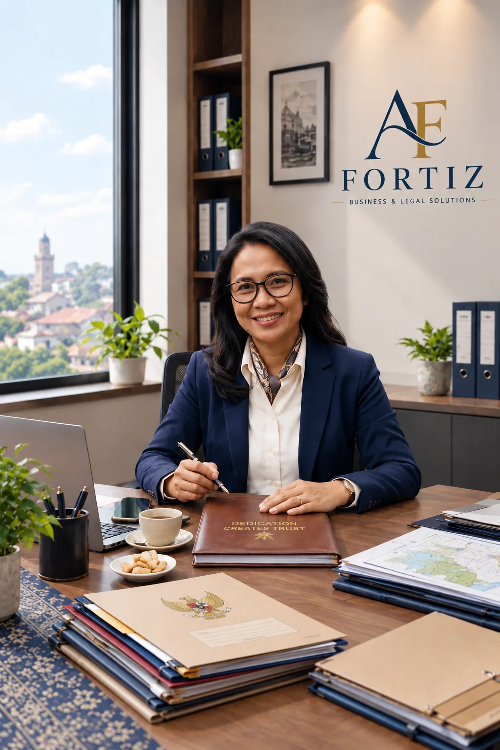 Profesional FORTIZ menata berbagai dokumen bisnis — legalitas, izin, pertanahan, kepatuhan — dalam satu meja kerja yang rapi