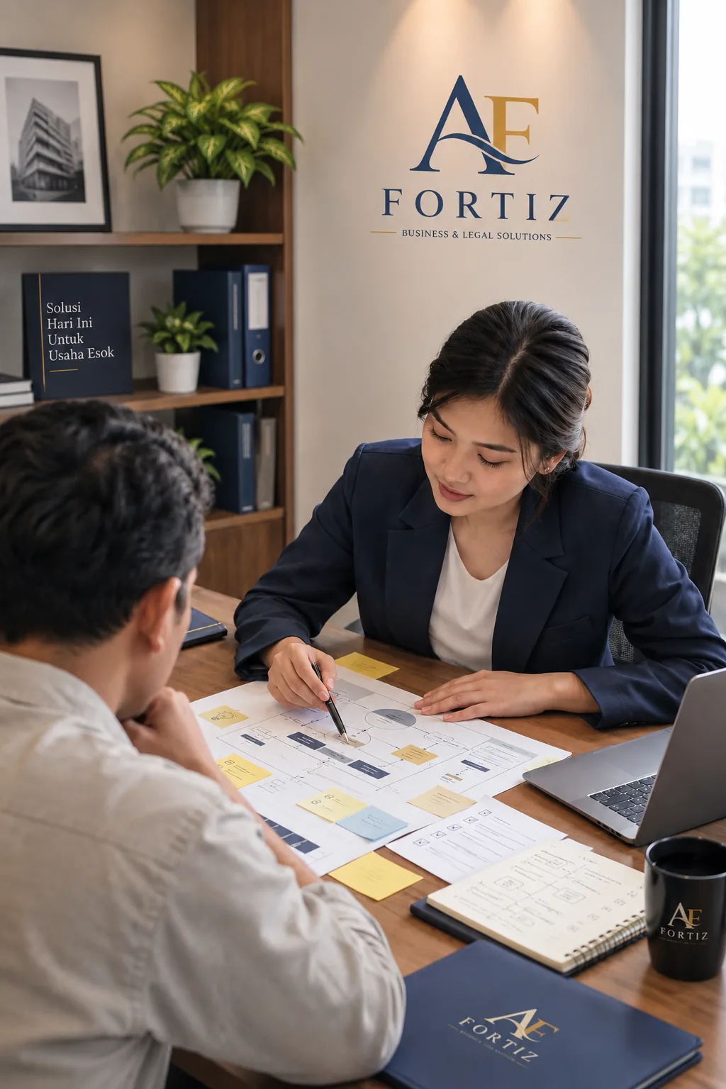 Profesional FORTIZ bersama klien menganalisis dokumen dan catatan strategi di meja kerja