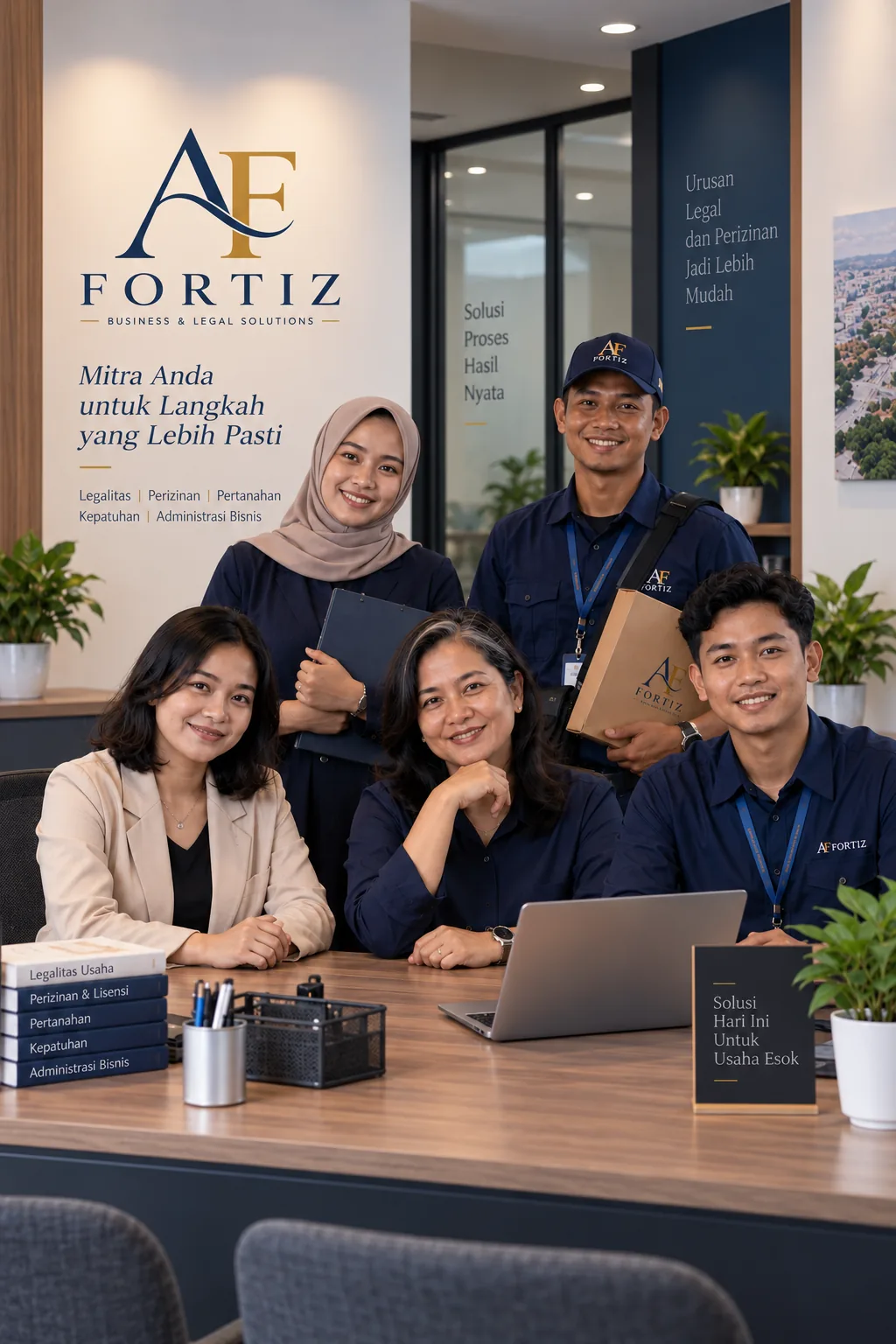 Environmental portrait satu atau dua profesional FORTIZ di lingkungan kerja nyata, terlihat approachable dan dapat dipercaya