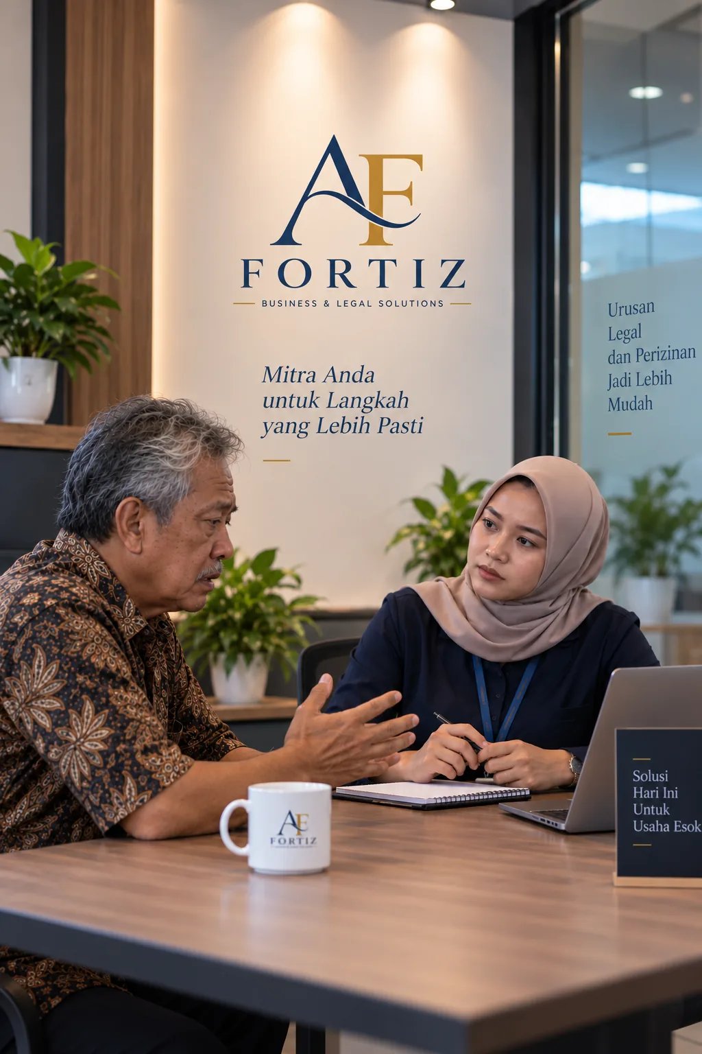 Calon klien berbicara nyaman dengan profesional FORTIZ di ruang konsultasi yang hangat dan tidak mengintimidasi
